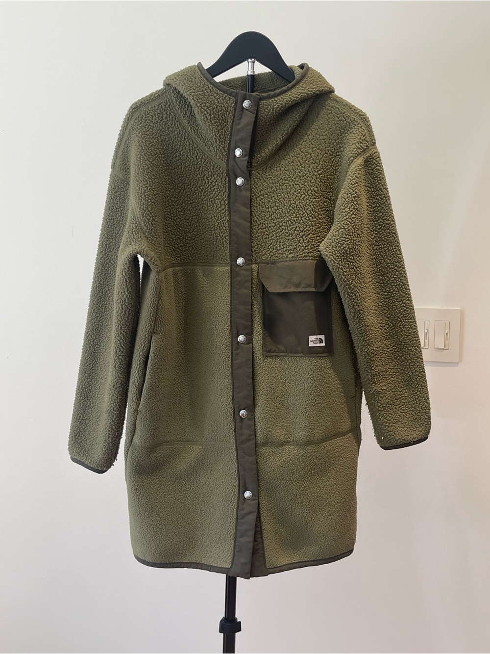 The North Face Olive Green Sherpa Hooded Duster Jacket